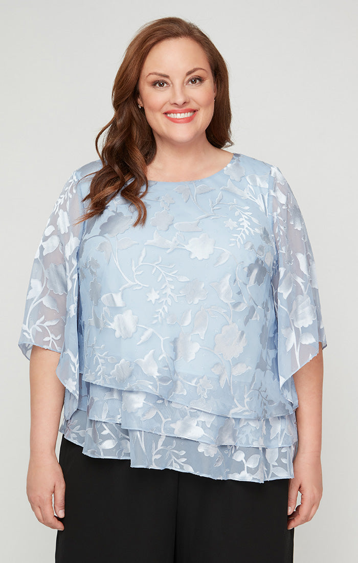 Plus Asymmetrical Triple Tier Hem Burnout Chiffon Blouse with Illusion Sleeves