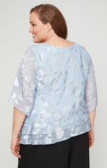 Plus Asymmetrical Triple Tier Hem Burnout Chiffon Blouse with Illusion Sleeves