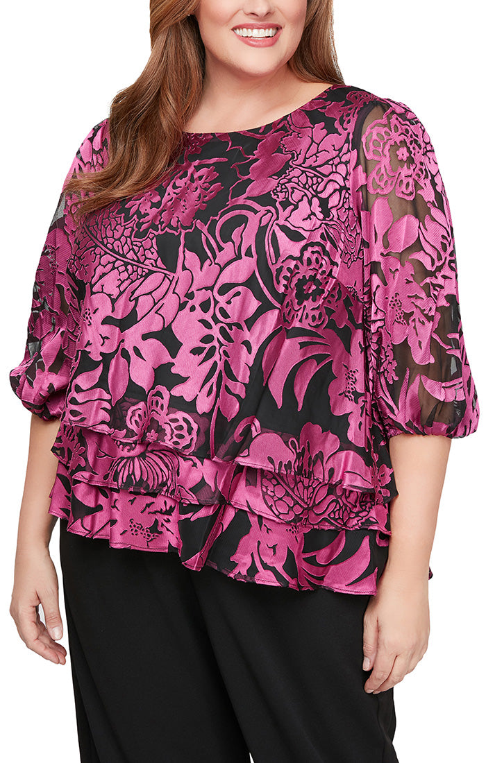 Plus Printed Chiffon Blouse with Illusion Balloon Hem Sleeves and Asymmetric Tiered Hem