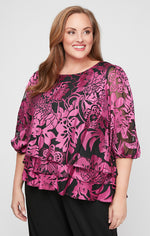 Plus Printed Chiffon Blouse with Illusion Balloon Hem Sleeves and Asymmetric Tiered Hem