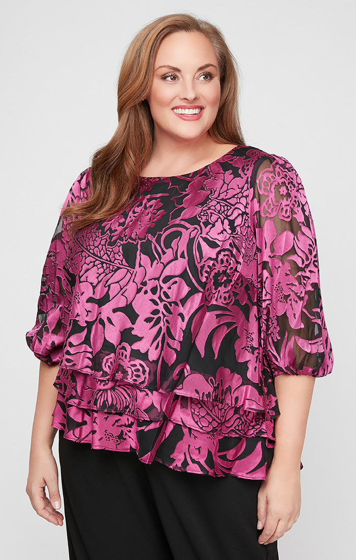 Plus Printed Chiffon Blouse with Illusion Balloon Hem Sleeves and Asymmetric Tiered Hem