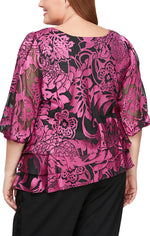 Plus Printed Chiffon Blouse with Illusion Balloon Hem Sleeves and Asymmetric Tiered Hem