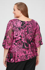 Plus Printed Chiffon Blouse with Illusion Balloon Hem Sleeves and Asymmetric Tiered Hem