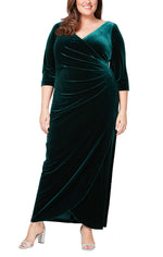 Plus Long Surplice Neckline Velvet Long Dress with Tulip Overlay Hem Skirt and 3/4 Sleeves