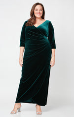 Plus Long Surplice Neckline Velvet Long Dress with Tulip Overlay Hem Skirt and 3/4 Sleeves