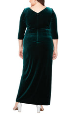 Plus Long Surplice Neckline Velvet Long Dress with Tulip Overlay Hem Skirt and 3/4 Sleeves