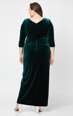 Plus Long Surplice Neckline Velvet Long Dress with Tulip Overlay Hem Skirt and 3/4 Sleeves