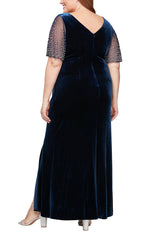 Plus - Velvet Fit and Flare Dress with Heat Set Illusion Flutter Sleeves and Front Slit