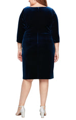 Plus Short Velvet Sheath Dress with Surplice Neckline, Cascade Skirt and Embellishment Detail at Hip