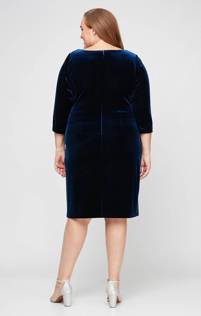 Plus Short Velvet Sheath Dress with Surplice Neckline, Cascade Skirt and Embellishment Detail at Hip