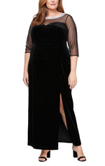 Plus Long Velvet 3/4 Sleeve Side Ruched Dress with Embellished Neckline