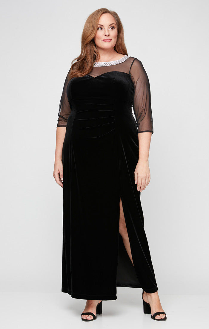 Plus - Velvet 3/4 Sleeve Side Ruched Dress with Embellished Neckline