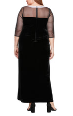 Plus Long Velvet 3/4 Sleeve Side Ruched Dress with Embellished Neckline