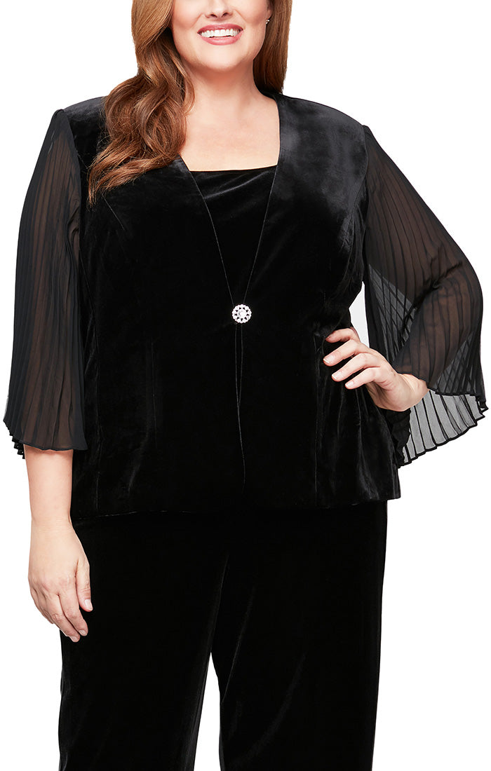 Plus 3/4 Sleeve Velvet Twinset with Scoop Neck Tank & Pleated Sleeve Jacket