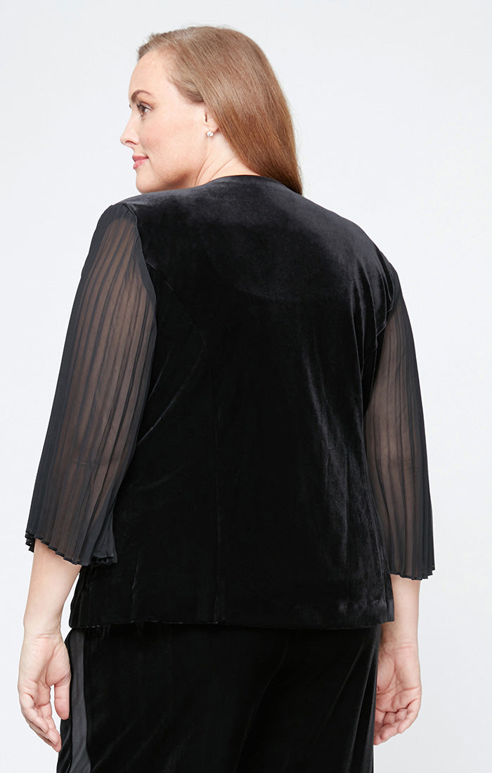 Plus 3/4 Sleeve Velvet Twinset with Scoop Neck Tank & Pleated Sleeve Jacket