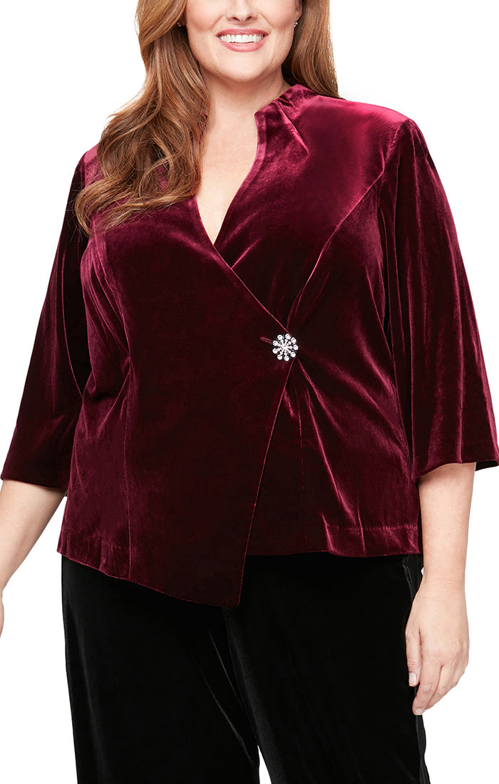 Plus 3/4 Sleeve Blouse with Asymmetric Pointed Hem & Embellished Closure