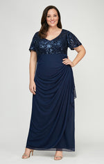 Plus Empire Waist Dress with Embroidered Sequin Bodice & Flutter Sleeves