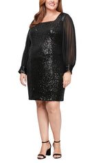 Plus Short Square Neck Sequin Sheath Dress with Long Illusion Sleeves