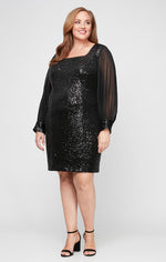 Plus - Square Neck Sequin Sheath Dress with Long Illusion Chiffon Sleeves