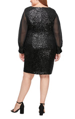 Plus Short Square Neck Sequin Sheath Dress with Long Illusion Sleeves