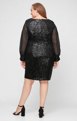 Plus - Square Neck Sequin Sheath Dress with Long Illusion Chiffon Sleeves