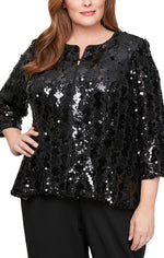 Plus 3/4 Sleeve Sequin Zip Jacket with High/Low Peplum Hem