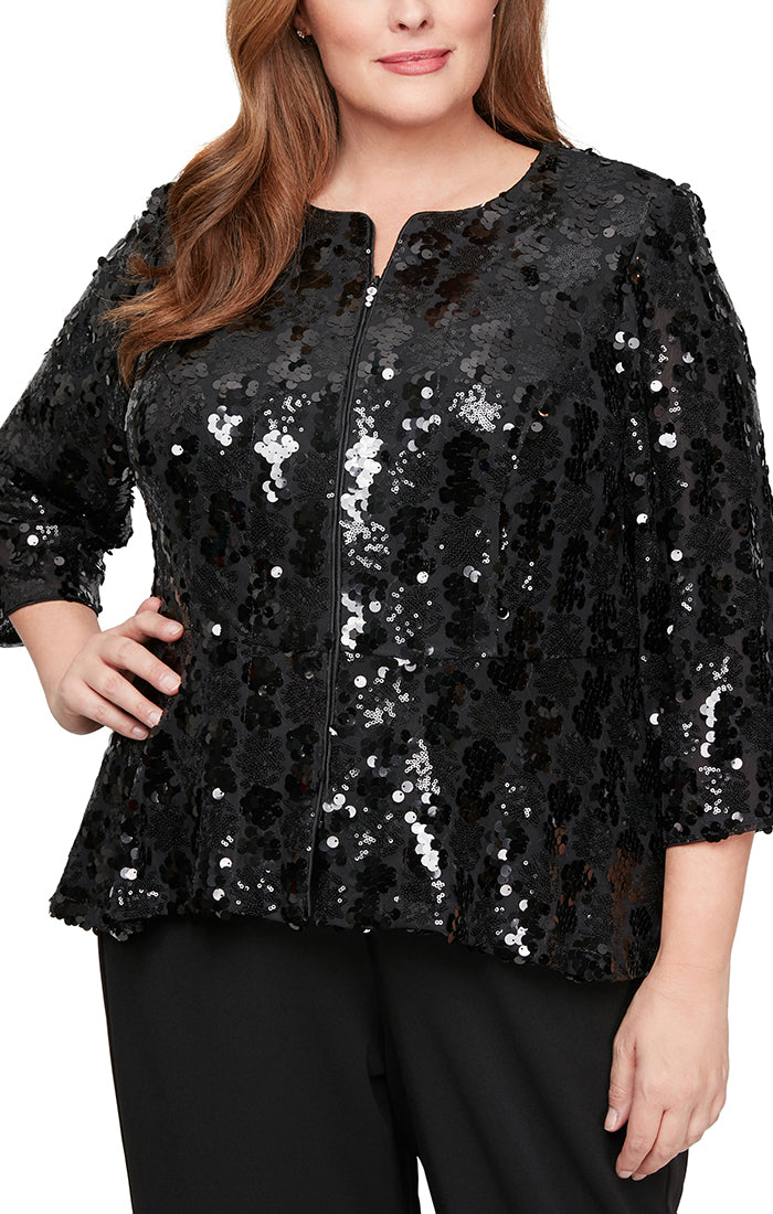 Plus 3/4 Sleeve Sequin Zip Jacket with High/Low Peplum Hem