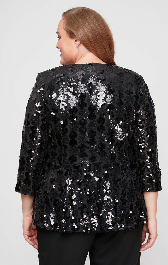 Plus 3/4 Sleeve Sequin Zip Jacket with High/Low Peplum Hem