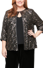 Plus 3/4 Sleeve Sequin Mock Twinset with Attached Hook Neck Jacket