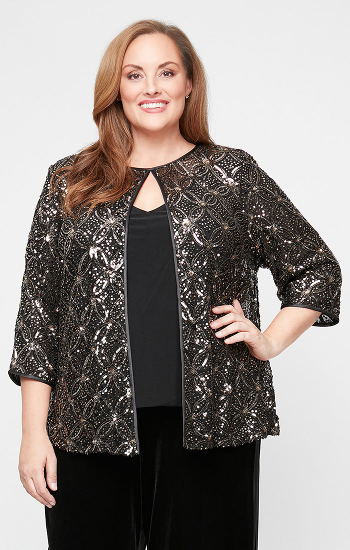 Plus 3/4 Sleeve Sequin Mock Twinset with Attached Hook Neck Jacket