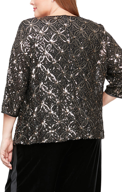 Plus 3/4 Sleeve Sequin Mock Twinset with Attached Hook Neck Jacket