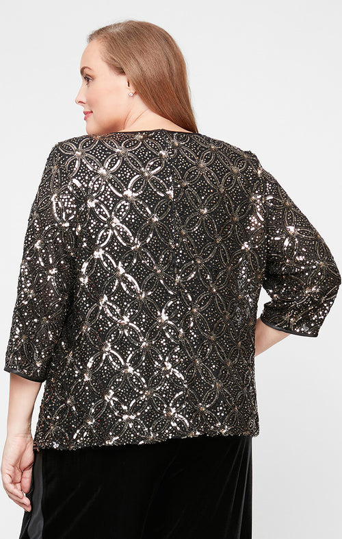 Plus 3/4 Sleeve Sequin Mock Twinset with Attached Hook Neck Jacket