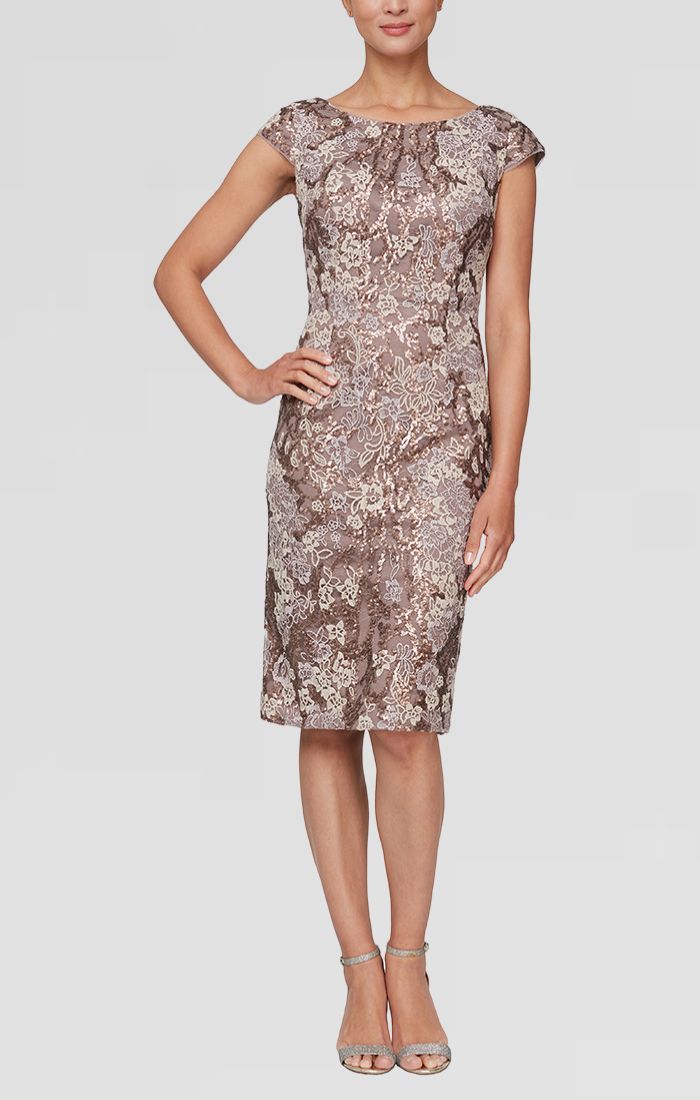 Regular - Embroidered Sheath Dress With Cap Sleeves and Sequin Detail