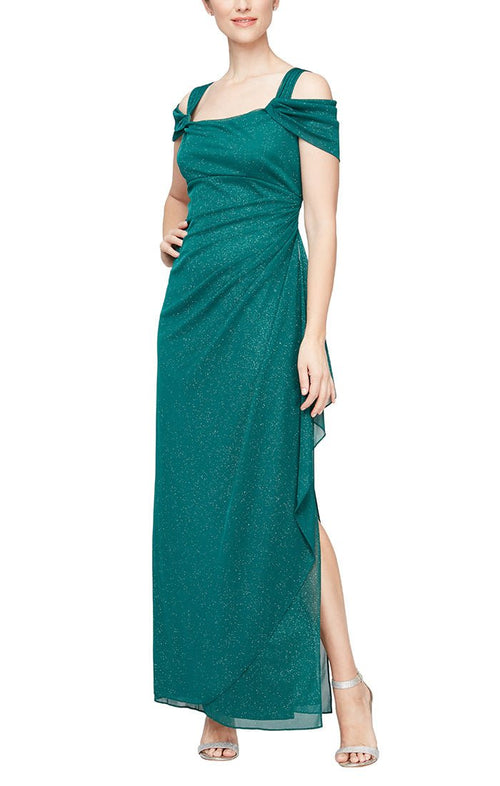 Cold Shoulder Glitter Mesh Dress with Draped Skirt & Cowl Neckline - alexevenings.com