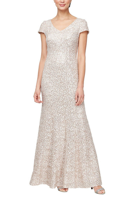 Corded Lace Fit & Flare V-Neck Gown with Cap Sleeves - alexevenings.com
