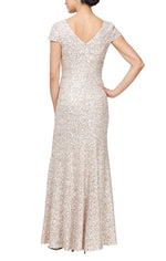 Corded Lace Fit & Flare V-Neck Gown with Cap Sleeves - alexevenings.com