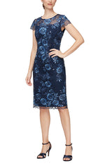 Embroidered Cap Sleeve Lace Cocktail Dress with Illusion Neckline & Scallop Detail Hem - alexevenings.com