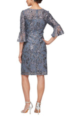 Embroidered Sequin Lace Sheath Dress with Illusion Neckline & 3/4 Bell Sleeves - alexevenings.com