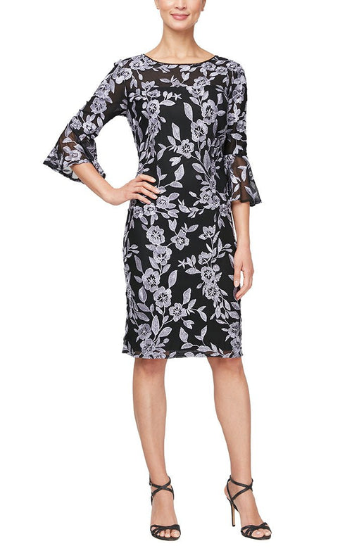 Embroidered Sheath Dress with Illusion Neckline & Bell Sleeves - alexevenings.com