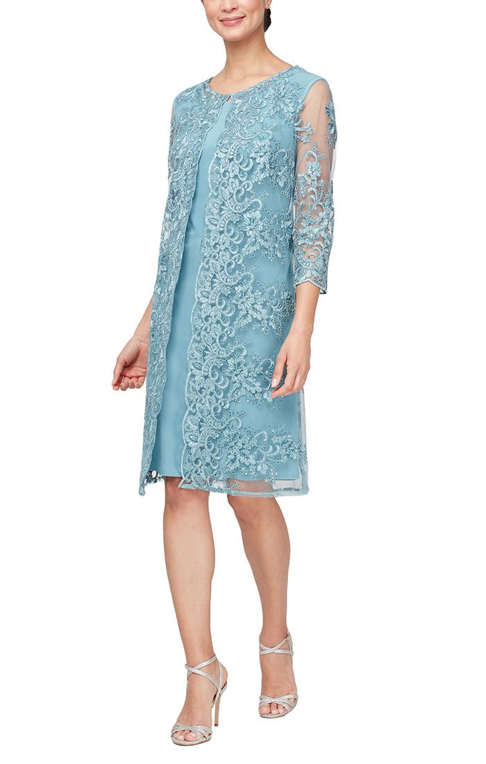 Embroidred Mock Jacket Dress with Attached Jacket, Scallop Detail & Illusion Sleeves - alexevenings.com