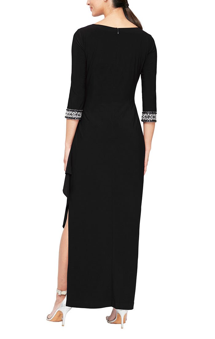 Long A - Line Dress with Side Ruched Cascade Skirt, Keyhole Cutout Neckline and Embllished Sleeves/Neckline - alexevenings.com