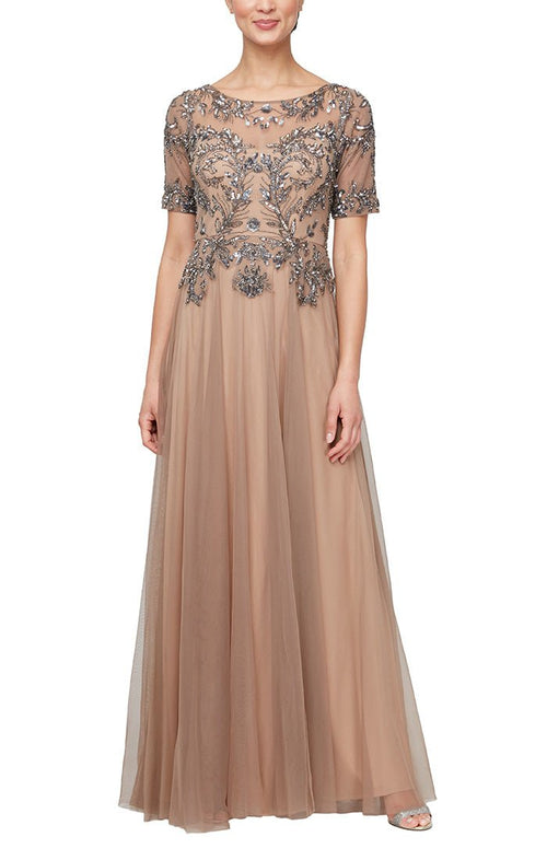 Long A-Line Hand-Beaded Gown with Illlusion Neckline - alexevenings.com