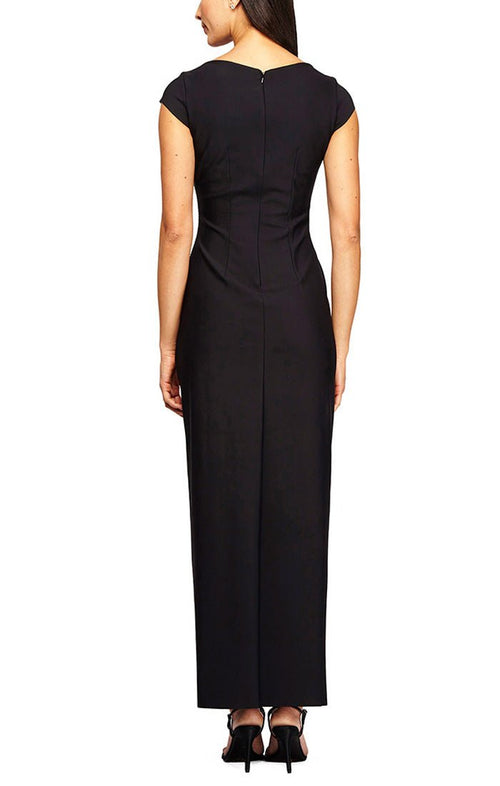 Long Cap Sleeve Compression Sheath Dress with Surplice Neckline and Hip Detail - alexevenings.com