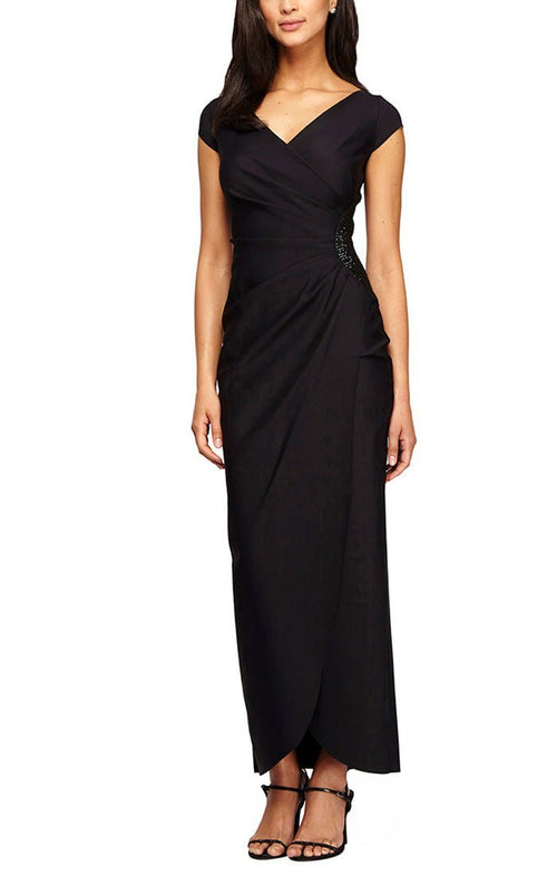 Long Cap Sleeve Compression Sheath Dress with Surplice Neckline and Hip Detail - alexevenings.com