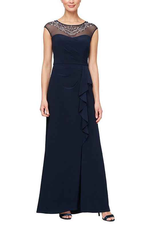 Long Cap Sleeve Dress with Beaded Illusion Neckline & Cascade Detail Skirt - alexevenings.com