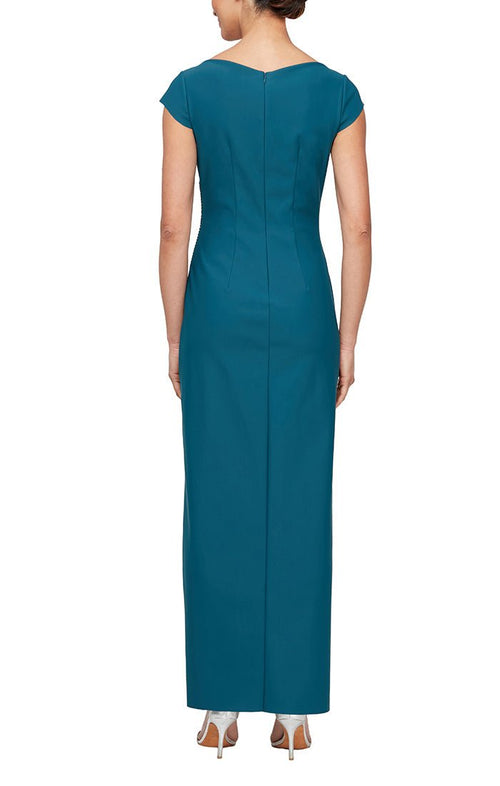 Long Cap Sleeve Dress with Surplus Neckline and Hip Detail - alexevenings.com