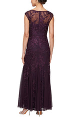 Long Cap Sleeve Embroidered Dress With Illusion Neckline and Godet Detail Skirt - alexevenings.com