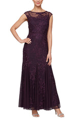 Long Cap Sleeve Embroidered Dress With Illusion Neckline and Godet Detail Skirt - alexevenings.com