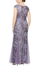 Long Cap Sleeve Embroidered Fit and Flare Dress With Godet Detail Skirt, Illusion V-Neckline and Shawl - alexevenings.com