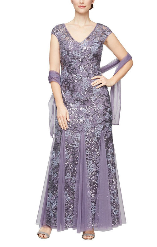 Long Cap Sleeve Embroidered Fit and Flare Dress With Godet Detail Skirt, Illusion V-Neckline and Shawl - alexevenings.com